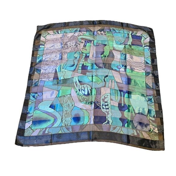 Sheer Striped Picasso Scarf Art Scarf Blue Purple Green 39" Abstract Watercolor - Picture 3 of 5